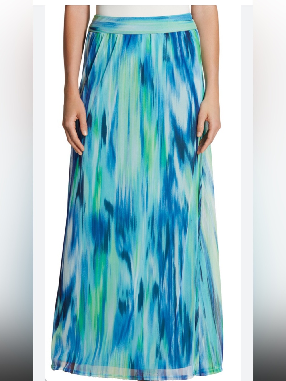 Chico's Maria Maxi Skirt Abstract Watercolor Chiffon Mesh Blue Green Size 2X